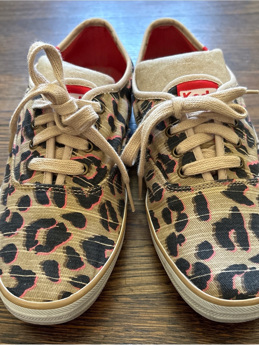 Keds Leopard Print Canvas Sneakers in Tan, Black and Pink Trim